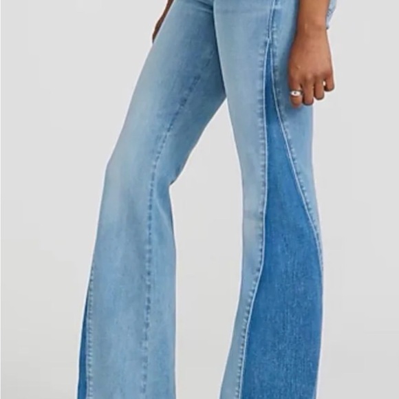 Express- Long Two-Tone Flare Stretch Jeans - Picture 1 of 4